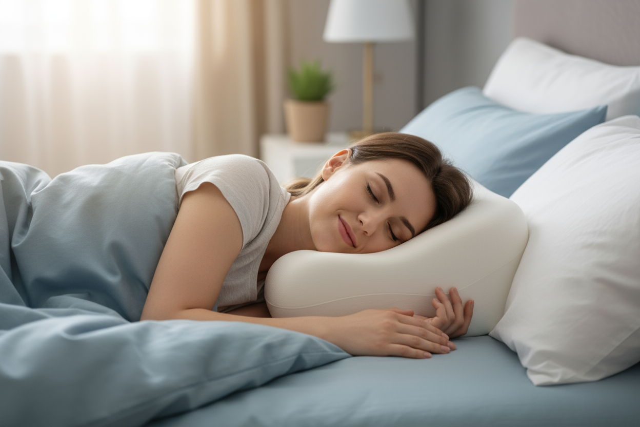 persona dormiendo en almohada con alivio en la cervical